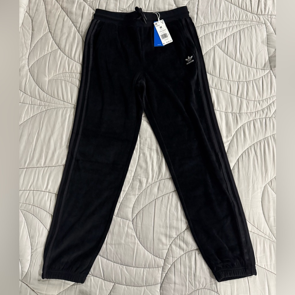 Adidas Black Slim Jogger Pants with White Trefoil Logo. Velor.